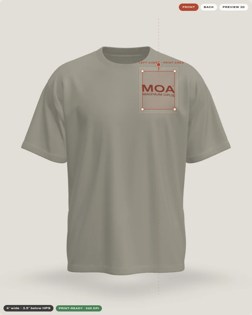 The MOA configurator: artwork placed on a 3D garment, reading 4 inches wide, 3.5 inches below HPS, print-ready at 526 DPI